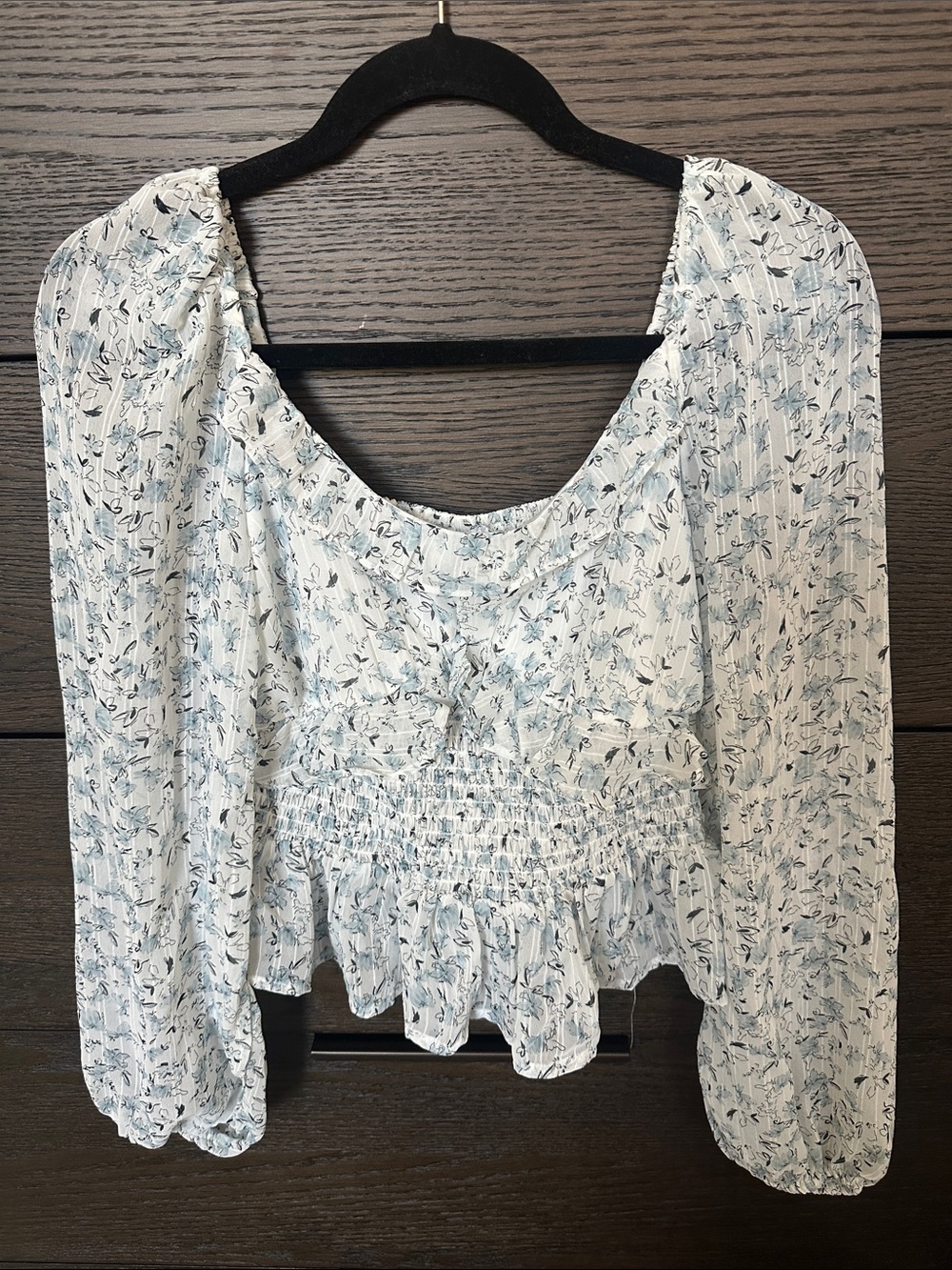 White With Blue Floral Peplum Blouse - Women Tops